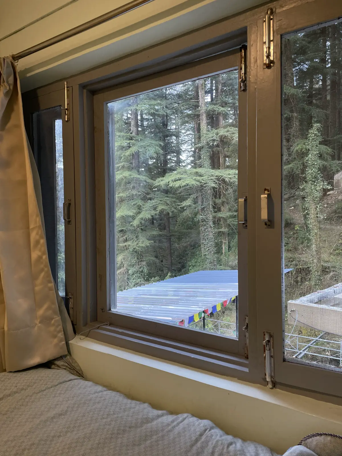 A room window looking out to tall conifers and a string of prayer flags