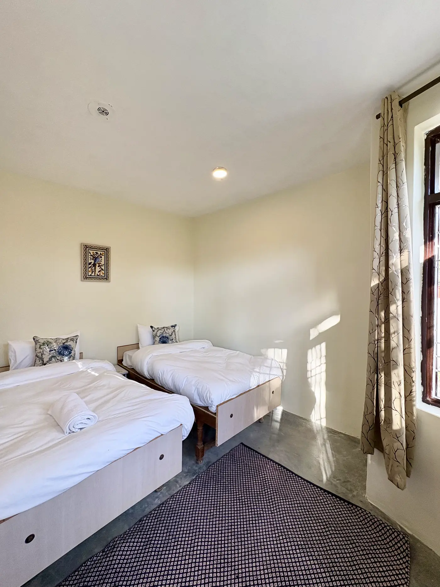 Two single beds side by side in daylight, a framed bird print and a patterned rug