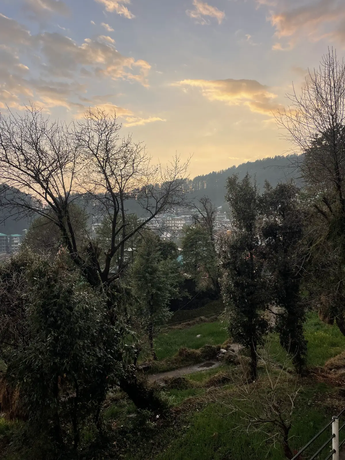Dusk over the wooded valley, village buildings below and a forested ridge behind